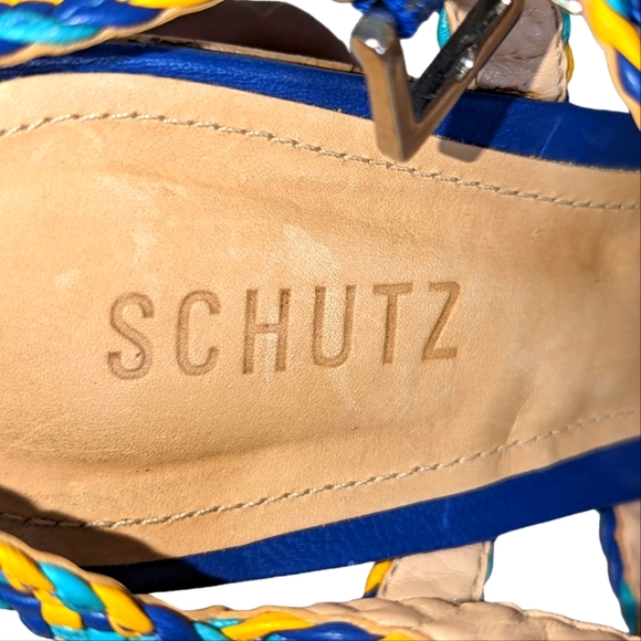 Schutz Caron Olympian Blue HIgh Heel Cork Wedge Platform Multi Color Sandals..10 - Picture 5 of 9